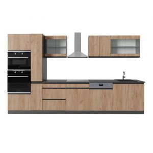 Vicco cuisine R-Line, Chêne doré/anthracite, 350 cm J-Shape, avec armoire haute, sans plan de travail