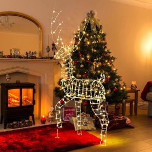 COSTWAY Renne de Noël Pré-éclairé 186 cm avec 300 LED Blanc Chaud, Décoration en 3D-Cerf Mâle Debout Eclairé Extérieur/Intérieur