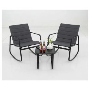 Costway Ensemble De 3 Pi&egrave;ces Table Et Chaises &Agrave; Bascule De Jardin Ext&eacute;rieur Int&eacute;rieur, Plateau En Verre Tremp&eacute;, Coussins Amovibles