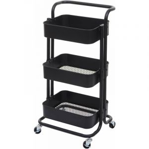 Décoshop26 Chariot à roulettes de service cuisine bar avec poignee et 3 paniers de rangement en acier noir