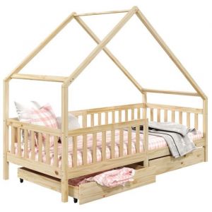Idimex Lit cabane ALVA lit enfant simple asym&eacute;trique en bois 90 x 190 cm, avec rangement 2 tiroirs, en pin massif &agrave; la finition naturelle