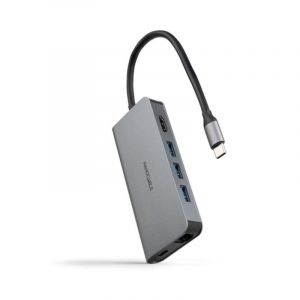 Nano cable Hub USB-C 8 en 1 Aluminium 3xUSB-A 3.0 + HDMI 4K@60Hz + RJ45 1Gbps