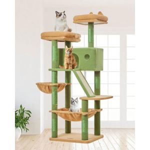 Taoqimiao Arbre a Chat, 146cm Stable Arbre a Chat Maine Coon avec Condos Spacieux pour Chats, 8 Griffers, 2 Plateformes, Panier pour Matou, Confortable Hamac, Vert MSC026