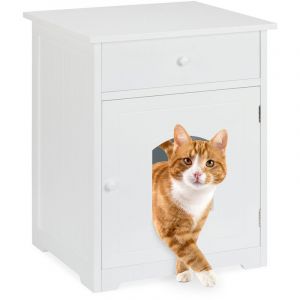 Relaxdays Armoire chats tiroir, maison chats, commode pour chats, Toilette chats en bois, HlP 63,5x52x48cm, blanc