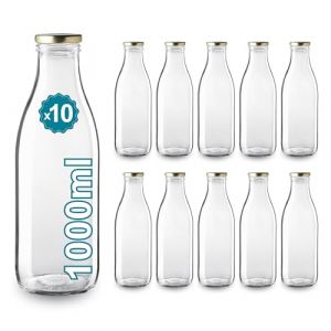 10 Bouteilles en Verre Vides de 1000 ml- Bouteilles en verre pour jus, lait, barbecue, sauces - Idéales pour pique-niques