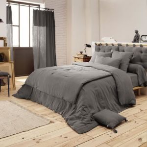 Bout de lit double gaze de coton &agrave; pompons 90 x 200 cm Gaia Anthracite
