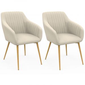 Idmarket Lot de 2 chaises de salle à manger, fauteuils de table matelassés LINE velours beige pieds effet bois