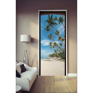 Plage Sticker porte, trompe l'oeil paillote qui donne de sable blanc palmiers, 204 cm X 73 cm