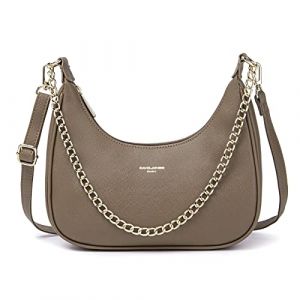 David Jones Sac à Main Bandoulière Porté Epaule Forme Besace Banane Femme - Sac Chaînes Simili Cuir PU Rigide Porté sous Epaule Bras - Sacoche Pochette Ville Mode Tendance Elegant - Gris Taupe