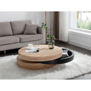 Table basse pivotante ronde avec 1 niche en MDF - Noir et naturel clair - JANITA
