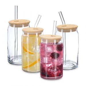 Image de Relaxdays Verre en Forme de canette, Lot de 4, Couvercle, Paille, pour caf&eacute; glac&eacute;, 450 ML, Transparent et Nature