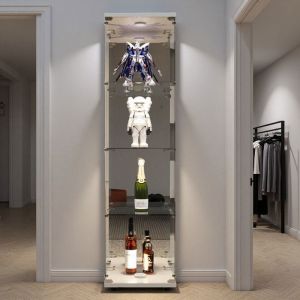 Vitrine Lumineuse LED - Meuble Vitrine Verre - 4 &Eacute;tag&egrave;res - Structure Blanche - S&eacute;curis&eacute;e avec Verrou