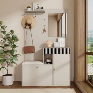 Image de Ensemble vestiaire d'entrée 110x37x185,5 cm - Avec miroir et crochets - Meuble à chaussures et banc à chaussures - Beige