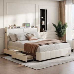 Lit 160x200 cm - TANANT - 4 tiroirs - USB - T&ecirc;te de lit en velours - Beige