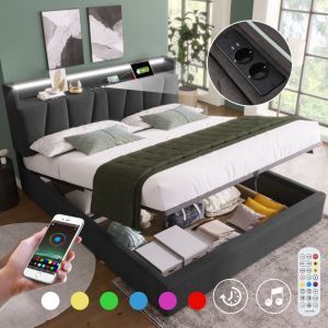 Lit coffre 140x200cm avec LED et ports USB sommier à lattes tête de lit réglable tissu en lin gris