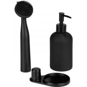 Wenko Set de 3 pièces de nettoyage (Distributeur de produit + brosse à vaisselle et support) "Piedo" - Noir - L 12 x l 9 x H 25 cm