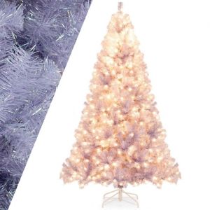 Sapin de Noël LED 225CM COSTWAY-Pré-éclairé-550 Lumières Blanc Chaud,8 Modes-1300 Branches Ornée de Films Réfléchissants-Violet
