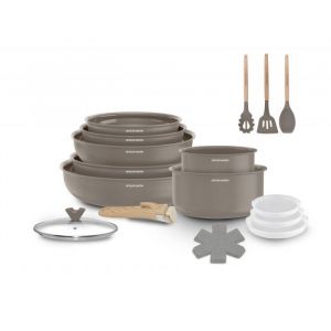 Arthur Martin Batterie de cuisine 18 p&egrave;ces poign&eacute;e amovible Taupe AM7887