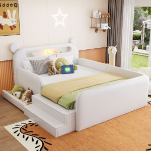 Lit enfant capitonn&eacute; 140 x 200 cm - avec t&ecirc;te de lit ours - avec lumi&egrave;re - avec port de chargement USB - avec repose-pieds enfant - blanc (matelas