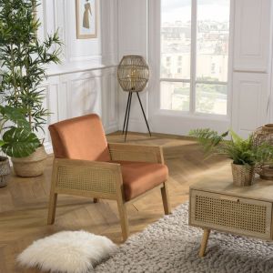 Macabane Fauteuil velours orange pieds bois et accoudoirs rotin