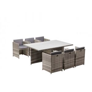 Miami 6 gris : Ensemble 6 personnes en r&eacute;sine tress&eacute;e de plusieurs nuances de gris poly rotin