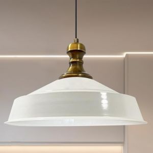 Suspension Industrielle en Métal Blanc Intérieur Blanc Peint à la Main – Lustre Vintage E27 Ø41 cm pour Salon, Chambre ou Salle à Manger