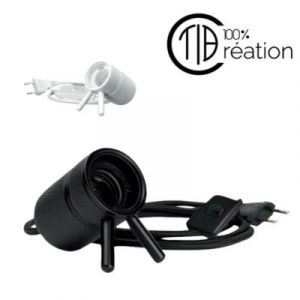 Tibelec Douille Métal Noir à Poser, E27, 60 Watts Max- Cordon en Fil Tissu, Interrupteur et Câble 1.5m Inclus - Lampe pour Ambiance Lumineuse Décorative Moderne - Noir