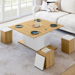 Idmarket Table basse plateau relevable rectangulaire convertible en table &agrave; manger EDEN 100 cm bois et blanc avec poufs