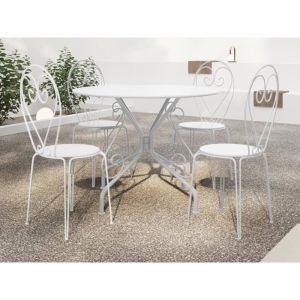Salle &agrave; manger de jardin en m&eacute;tal fa&ccedil;on fer forg&eacute; : une table D.120cm et 4 chaises empilables - Blanc - GUERMANTES de MYLIA