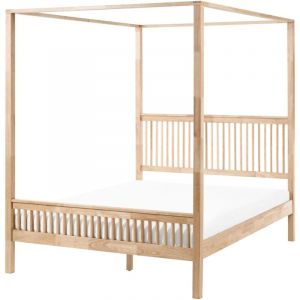 Beliani Lit &agrave; Baldaquin Moderne Minimaliste en Bois d'H&eacute;v&eacute;a 160 x 200 cm Lattes Marron Clair Harfleur