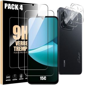 2 Verres Tremp&eacute;s Ecran et 2 Vitres Cam&eacute;ra Arri&egrave;re pour Xiaomi Redmi 15C 4G/5G, Protection Anti-Rayures - E.F.Connection