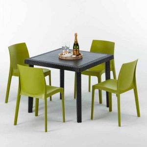 Grand Soleil Table carrée et 4 chaises Poly rotin resine bar bistrot cafè exterieur 90x90 noir | Rome Anis vert