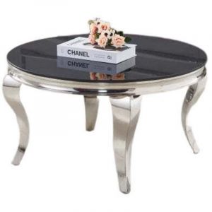 Table basse ronde baroque chrome et plateau en verre de 80 cm
