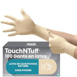 Ansell TouchNTuff 69-318 Gants Jetables en Latex, Fins et Non Poudrés, Doigts Renforcés et Adhérisés, Protection Multiusage, Alimentaire, Chimique et Mécanique, Blanc, Taille L (100 Gants)