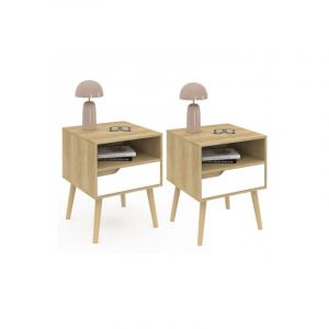 Idmarket Lot de 2 tables de chevet HELSINKI 1 tiroir scandinave blanc et effet h&ecirc;tre