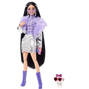 Image de Mattel Poupée Mannequin Extra n° 15 avec Blouson Argenté, Jupe Assortie, Très Longs Cheveux, Figurine Chiot et Accessoires, Jouet Enfant, Dès 6 ans, HHN07