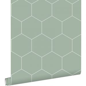Estahome - papier peint hexagone vert grisé et blanc