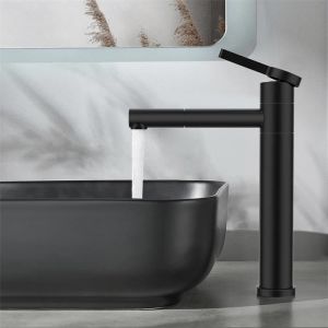 Image de Robinet Salle de Bain Noir Mitigeur Lavabo Haut Bec Pivotant 360° Mitigeur pour Vasque Robinetterie de Lavabo en Acier Inox