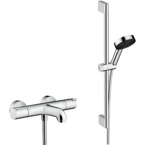 Hansgrohe Ecostat Set Mitigeur Thermostatique bain/douche + Douchette &agrave; main xxl 105mm 3 jets, flexible douche 160cm, barre 65cm