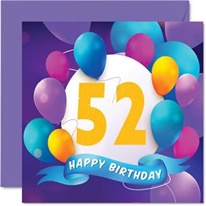 Carte d'anniversaire 52 ans pour homme et femme &ndash; F&ecirc;te en ballon &ndash; Cartes d'anniversaire pour homme et femme de 52 ans, maman, papa, tante, oncle, grand-p&egrave;re, grand-m&egrave;re, fr&egrave;re, s&oelig;ur, 145 mm x 145 mm