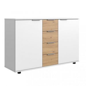 Wimex Commode GIRBO 4 tiroirs 2 portes coloris blanc brillant rechampis imitation chêne artisan