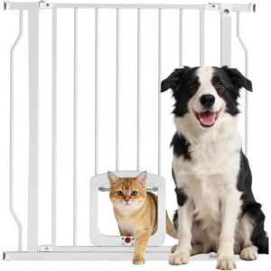 Pawhut Barri&egrave;re de s&eacute;curit&eacute; chien - 75-85cm - fixation par pression sans percer, double verrouillage, fermeture automatique, blanc