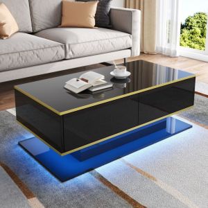 Table basse moderne brillante 100x50x40 cm - &Eacute;clairage LED - 3 tiroirs et &eacute;tag&egrave;res ouvertes - Bordure dor&eacute;e - Noir et dor&eacute;