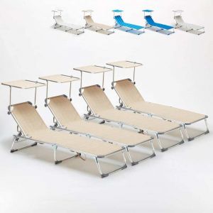 Beach and Garden Design 4 transats chaises pour la mer pliants avec paresol CALIFORNIA | Beige