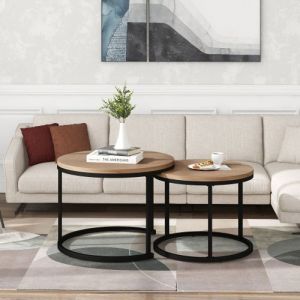 KoDise Tables basses rondes gigognes - Lot de 2 - plateau en couleur chêne - cadre en acier forgé - Pour salon bureau