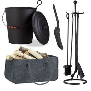 Relaxdays Ensemble complet pour cheminée, 8 pièces, seau à cendres, pelle, sac à bois, accessoires, acier, feutre, noir/anthracite