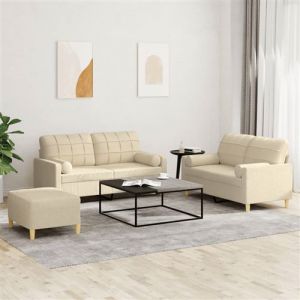 VidaXL Ensemble de Canapés avec Coussins 3 pcs, Canapés avec Accoudoirs et Dossier, Ensemble de Meubles avec Repose-pied Salon, Moderne, Crème Tissu