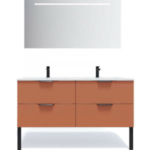 Meuble de salle de bain suspendu double vasque intégrée 140cm 4 tiroirs Terracotta + miroir - Soho
