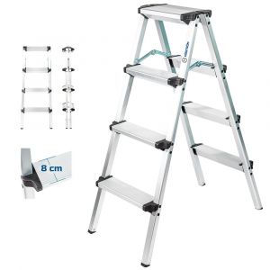 Escabeau marche pied 4 marches HOMILIX4, petit escabeau pliable, aluminium, design compact et robuste, H max travail 2,59m, 5 ans garantie, Hostrom