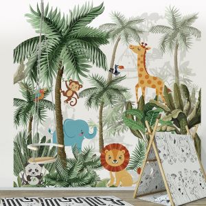 Plage Papier peint panoramique intissé, papier intissé, illstrations des animaux de la jungle dans la forêt tropicale, chambre d'enfant, 250 cm x 250 cm